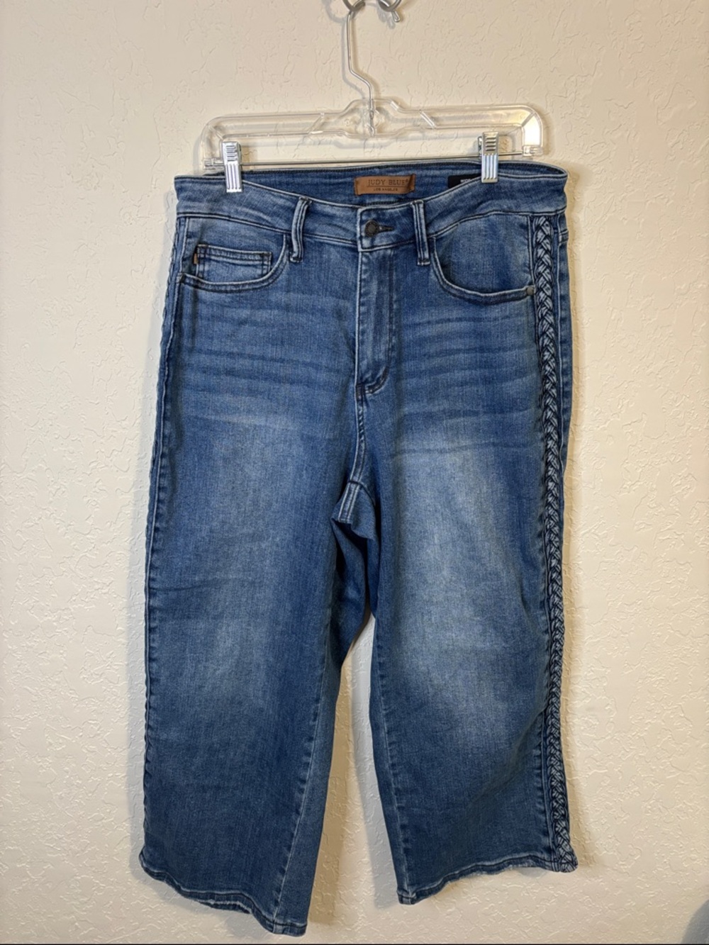 Judy Blue Cropped Wide-Leg Blue Denim Jeans with Side Braid Detail